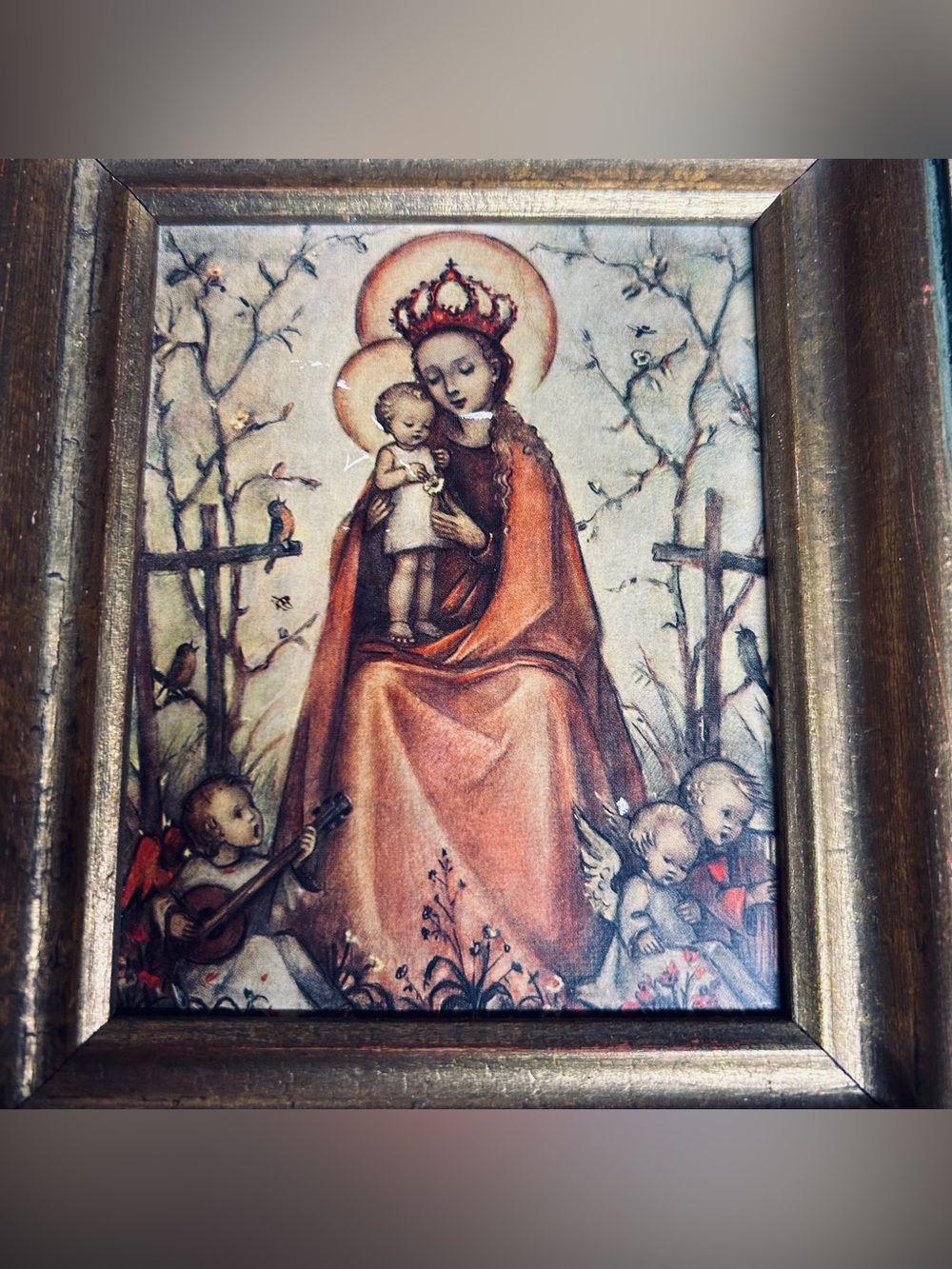 Religious Vintage Madonna and Child Framed Art Print in Warm Coral and Gold